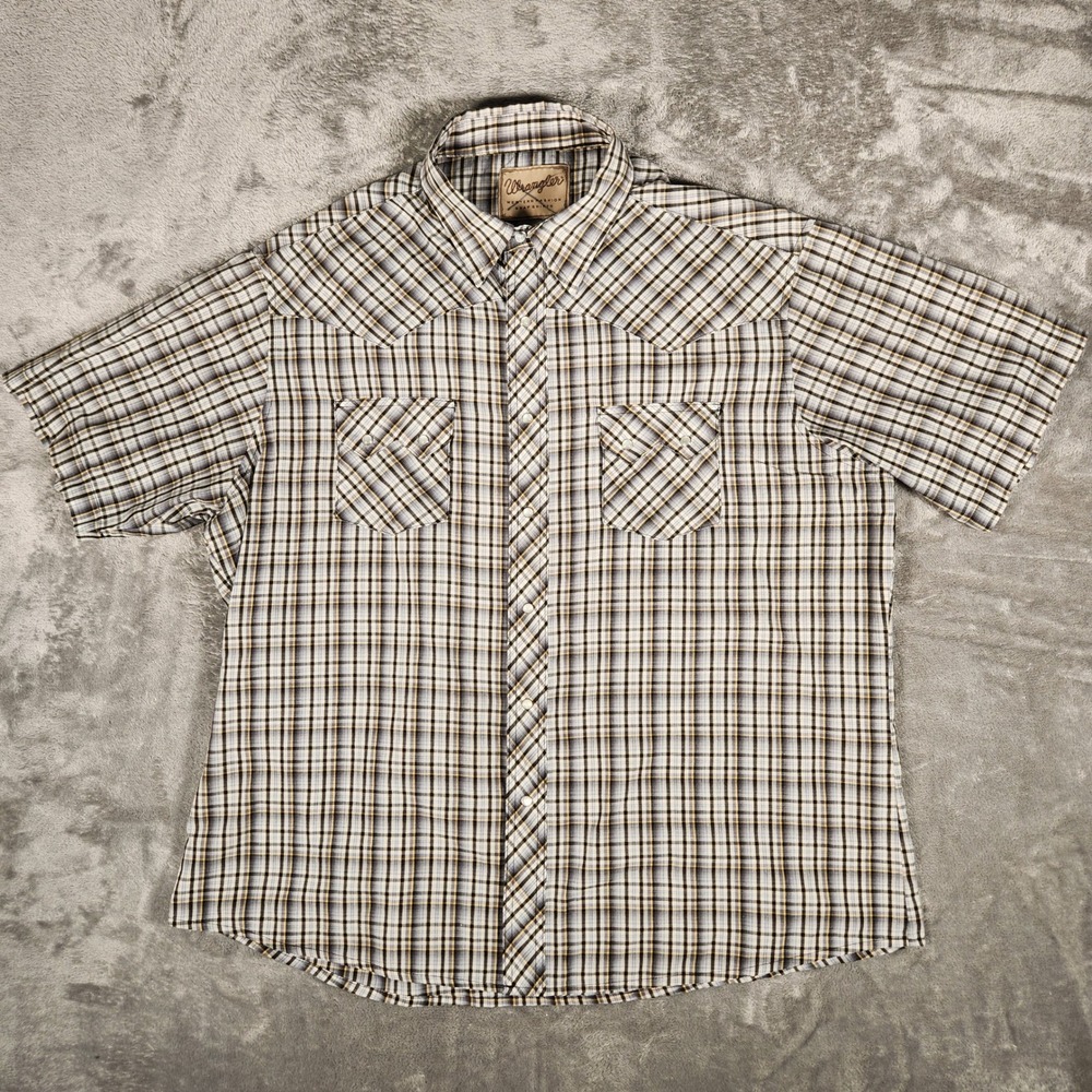 Wrangler Western Snap Shirt Mens 2XL‎ Grey Yellow Plaid Short Sleeve Excellent